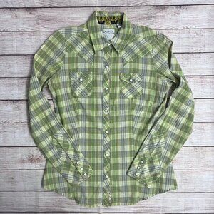 Roper Western Plaid Pearl Snap Shirt Size M Green Blue White Vintage